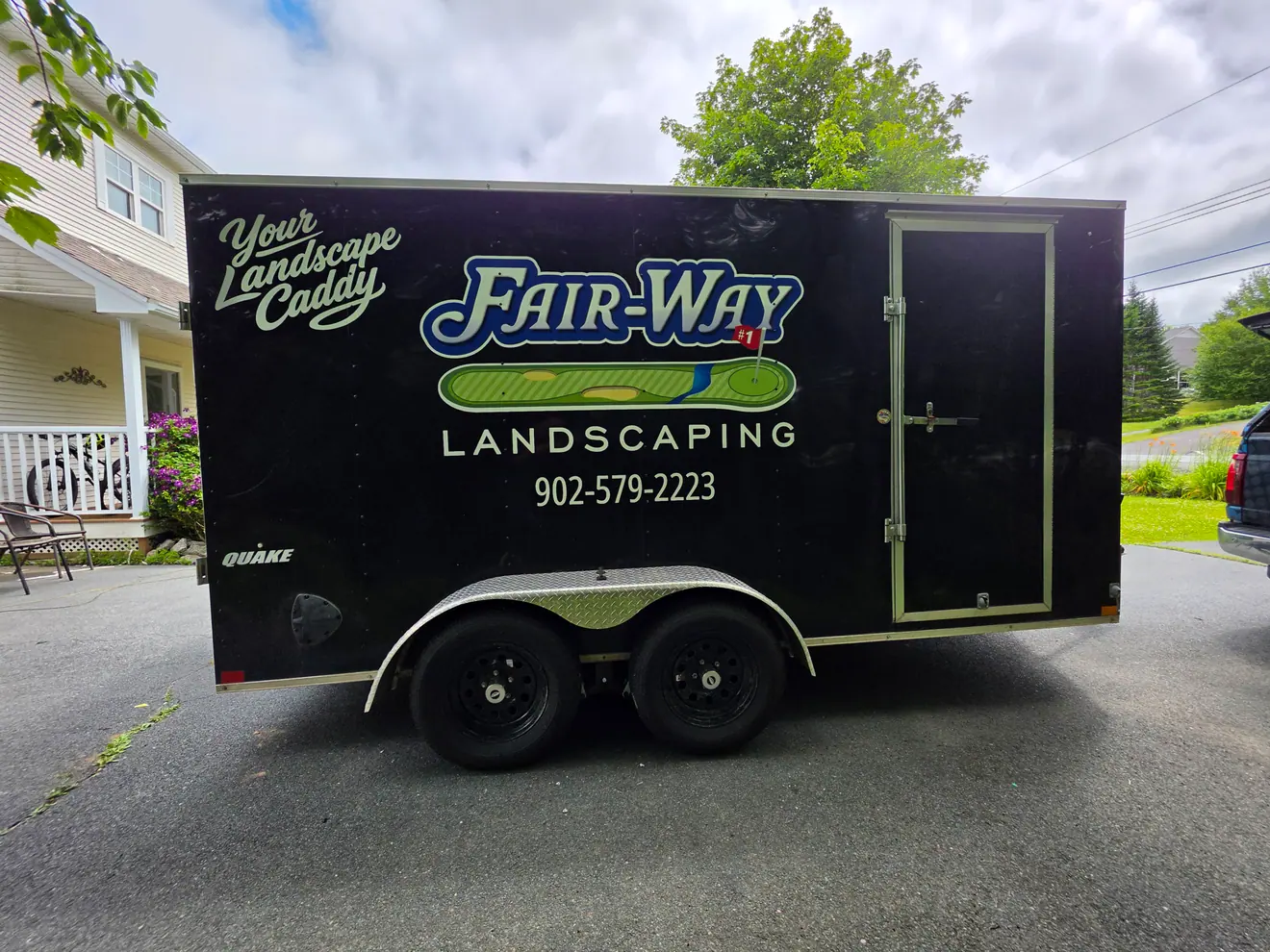 Fair-Way Landscaping enclosed utility trailer lettering