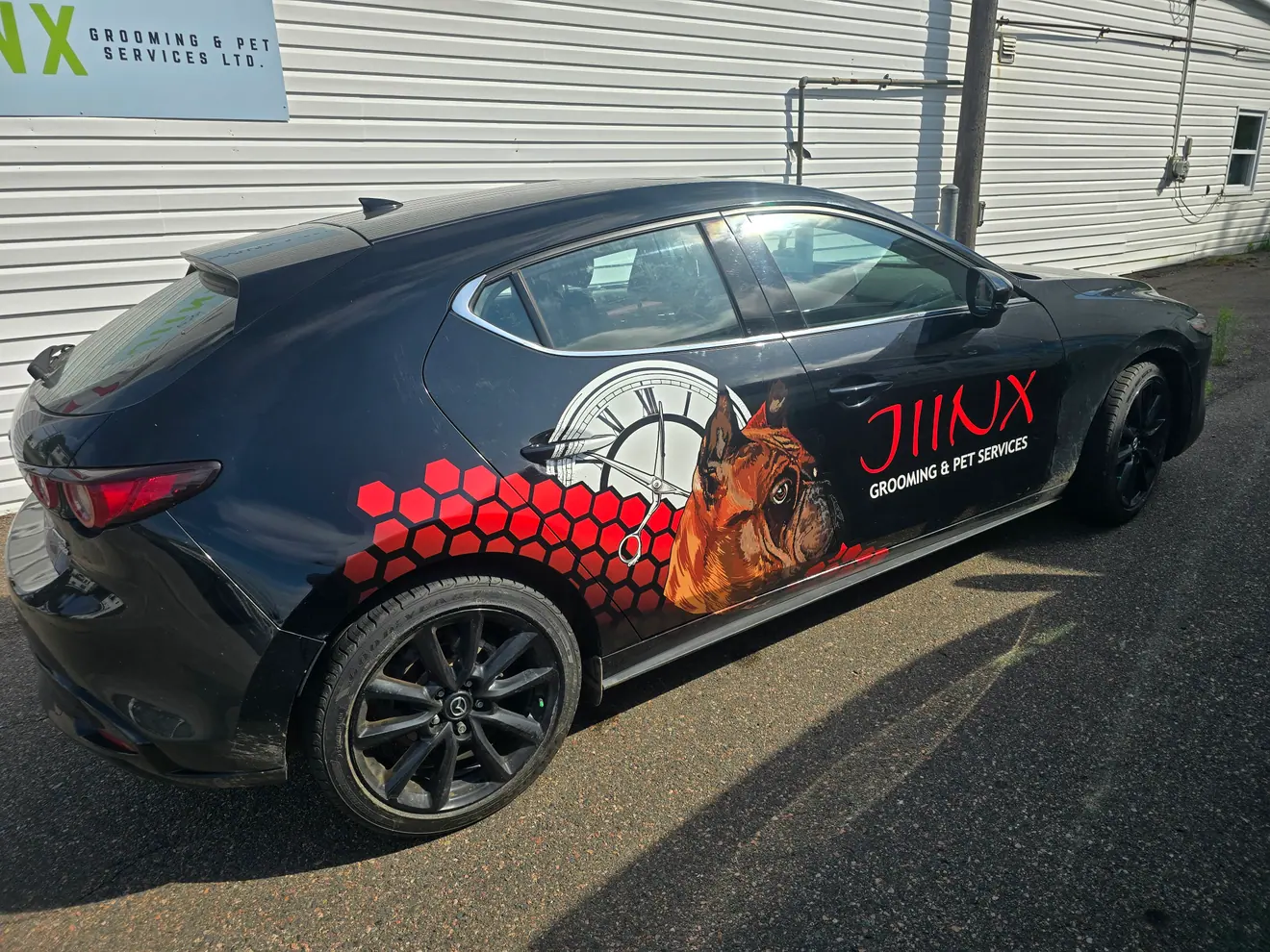Jinx Grooming & Pet Services printed wrap on a Mazda hatchback