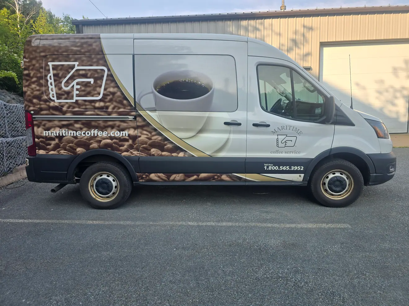 Maritime Coffee printed coffee-bean wrap on a Ford Transit van